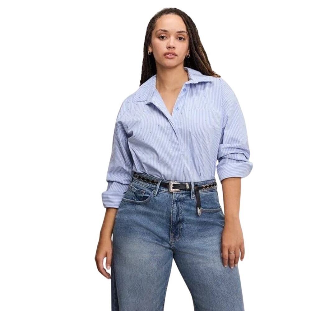 Good American Rhinestone Blue Button Down Shirt Relaxed Fit NWOT